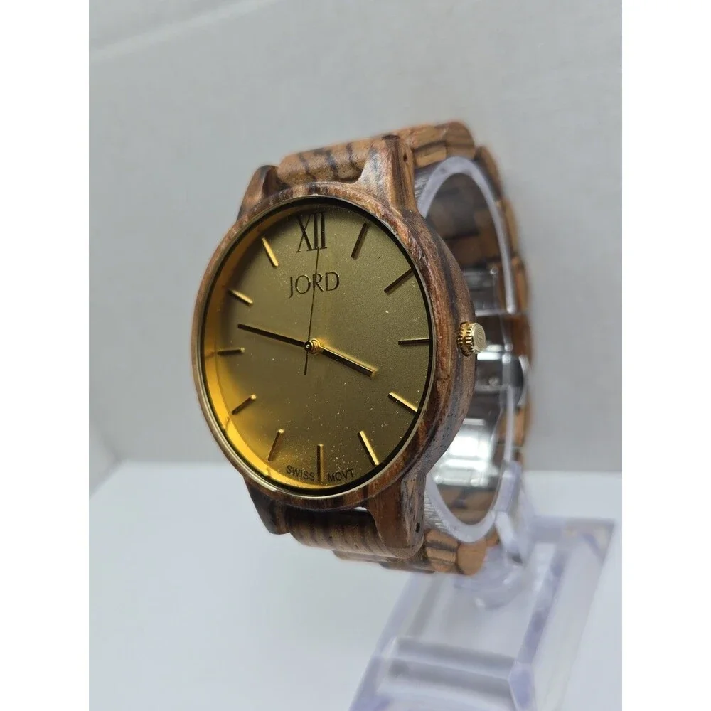 Mens Jord Frankie 45mm Zebrawood Champagne Swiss Quartz Watch New Battery